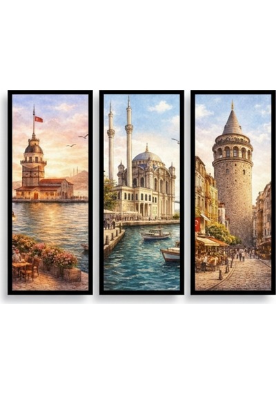 İstanbul 3'lü Tablo Seti Çerçeveli Kız Kulesi Galata Kulesi Ortaköy Camii Duvar Dekoru