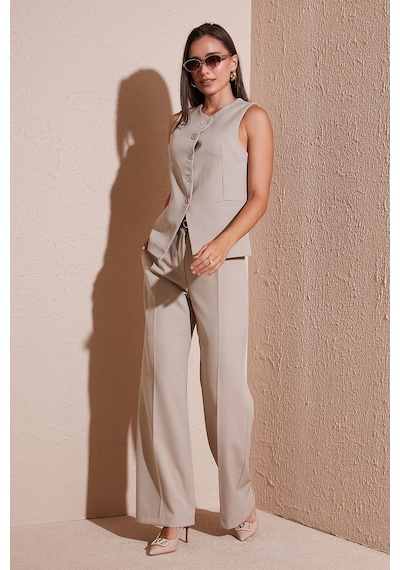 Lela Wide Leg Yüksek Bel Geniş Paça Palazzo Bayan Pantolon 65271262 Taş