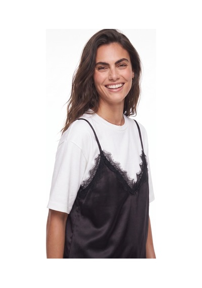 Onloox Kadın Beyaz-siyah Beyaz Siyah Yumuşak Hafif Kumaş Bisiklet Yaka Rahat Kalıp Dantel Saten Katmanlı Görünüm T-shirt