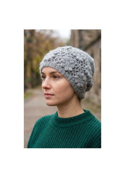 Emybox El Örgüsü Siyah Kadın Bere Tığ İşi Çiçek Motifli Bohem Kışlık Şapka - Vintage Stil Yumuşak Örgü Bere Modeli Gri