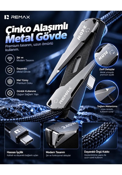 Remax Cb53-cc Enjoy Serisi 240w Pd Type-c To Type-c Telefon Standlı Hızlı Şarj Ve Data Kablosu 1.2 Metre Siyah