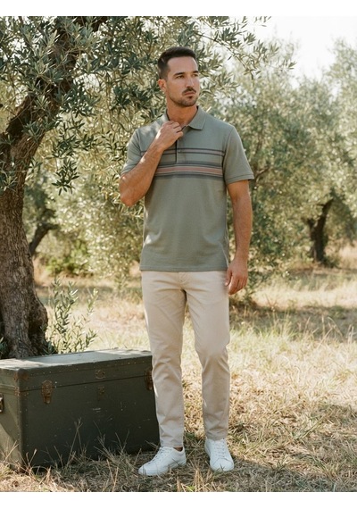 Maccali Erkek Yeşil Göğüs Çizgili Polo Yaka Tişört