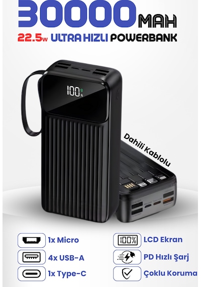 30.000 Mah Linkage 22.5w Hızlı Şarj Destekli Dahili Kablolu Taşınabilir Batarya Powerbank Siyah