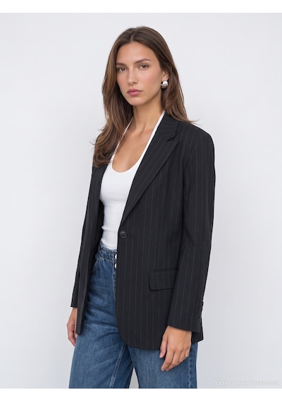 Dilvin 60829 Çizgili Kruvaze Blazer-siyah