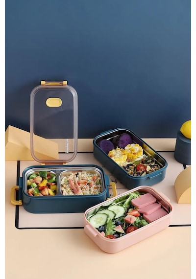 Vagonlif Çift Katmanlı Paslanmaz Çelik Beslenme Kabı-1400 Ml Beslenme Kutusu Lunch Box Pembe Çok Renkli
