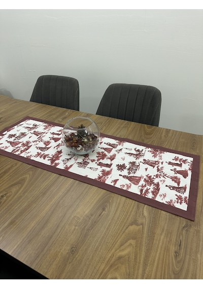 Toile De Jouy Paris Runner 40x110 Cm %100 Pamuk Dijital Baskılı Masa Örtüsü Klasik Fransız Tarzı Masa Dekoru - Zt700 Kırmızı
