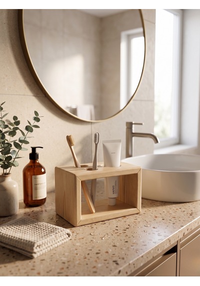 Nestwoodtr Ham Doğal Ahşap Minimal Banyo Düzenleyici, Diş Fırçalık - Macunluk, Diş Fırçası Standı Ham Ahşap