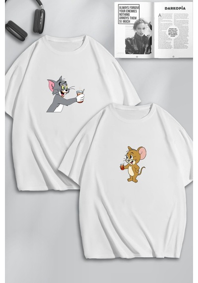 Unisex Kadın Erkek Tom Ve Jerry Çay Baskılı Sevgili Çift Kombini Tasarım Oversize Tshirt 2li Beyaz Mck0492 Beyaz