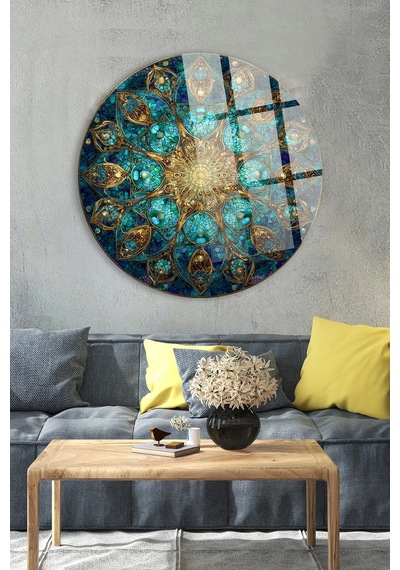 Turkuaz Zümrüt Mozaik Mandala Altın İşlemeli Cam Tablo Modern Sanat Tablosu Uv Baskılı Canlı Renkler Kafe Ve Ofis İçin Anlamlı Hediye Seçeneği