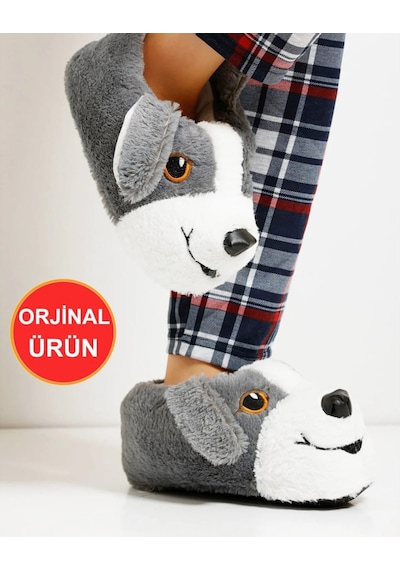 Papucumun Dünyası Unisex Yumuşak Taban Sevimli Köpek Panduf Yetişkin Ve Çocuk Kız Ve Erkek Panduf Gri
