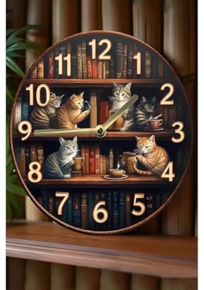 Sessiz Yuvarlak Ahşap Duvar Saati Kuvars Hareketli 2d Kedi Desen Sdw018,sdw018 33 X Çok Renkli