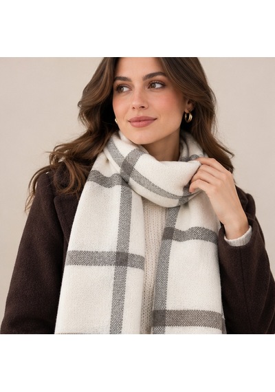 Milano Soft Touch Ekru Gri Ekose Desenli Kadın Şal Old Money Stil, Yumuşak Dokulu, Oversize Görünümlü, Premium Sonbahar Kış Boyun Şalı Çok Renkli