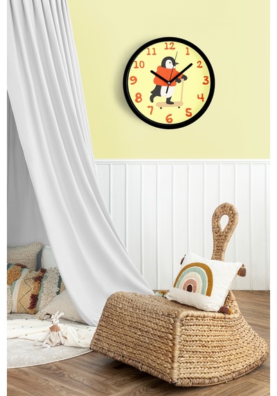 Güneş Gözlüklü Kaykay Yapan Sevimli Penguen Çocuk Odası Modern Duvar Saati - 25cm - Önü Camlı-jh0215 Siyah