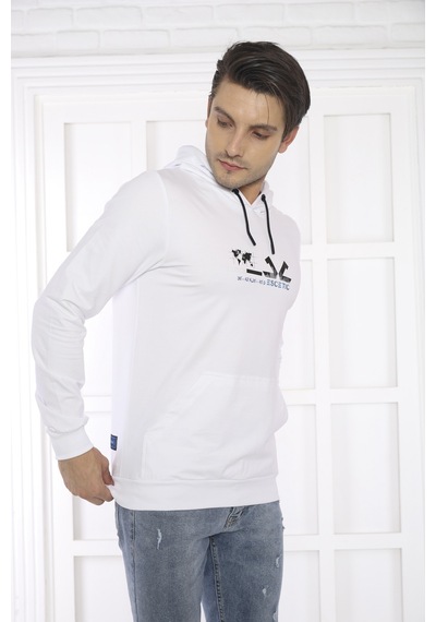 Escetic Spor Erkek Beyaz Cepli, Kapüşonlu Sweatshirt-4178