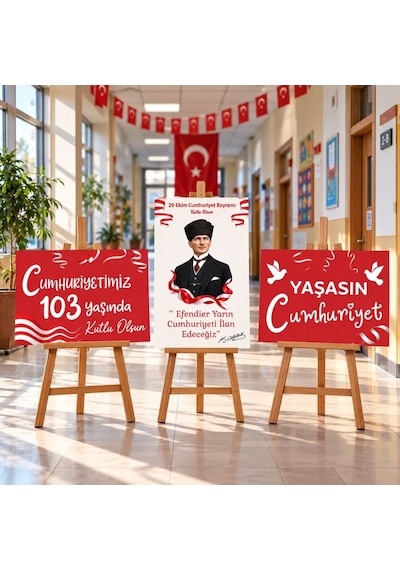 29 Ekim Cumhuriyet Bayramı 103. Yıl 3'lü Mukavva Afiş Seti 50x70 Cm Şövale Hariç Tüm Yaşlar