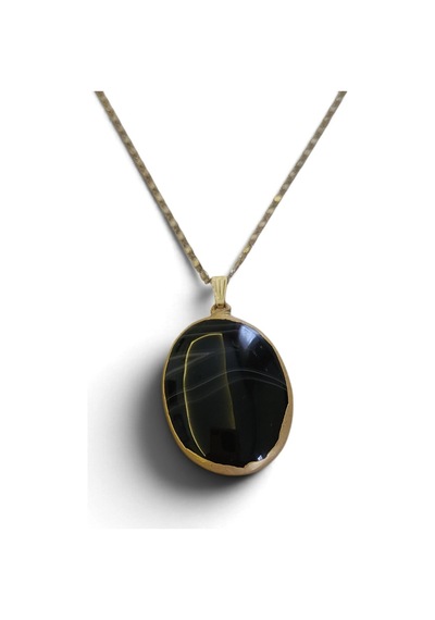 Doğal Oniks Taşlı Oval Gold Çerçeveli Çelik Zincirli Kolye Siyah