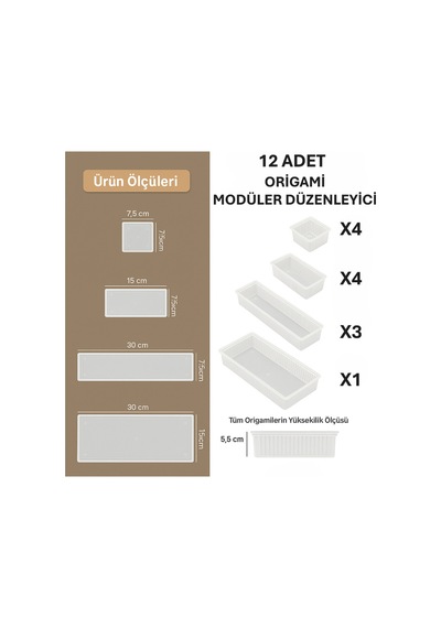 Vialex 12'li Makyaj Organizeri Çekmece İçi Düzenleyici Set Şeffaf 4kçk-40rt-3uzn-1byk Plastik Beyaz Diğer