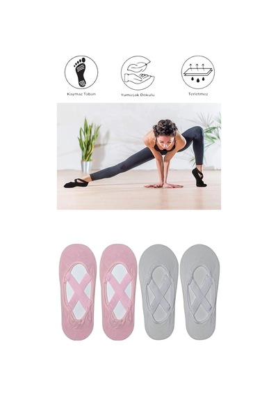 4 Adet Kadın Kaydırmaz Tabanlı Yoga Pilates Fitness Dans Ve Spor Çorabı Pembe - Beyaz