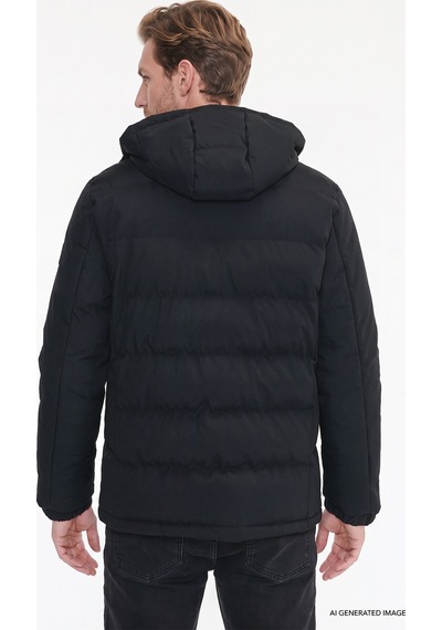 AC&Co / Altınyıldız Classics Erkek Sıyah Standart Fit Normal Kesim Dik Yaka Kapüşonlu Yan Cepli Casual Mont Siyah