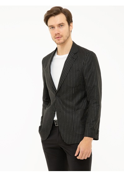 Cacharel Siyah Slim Fit Keten Karışımlı Çizgili Ceket