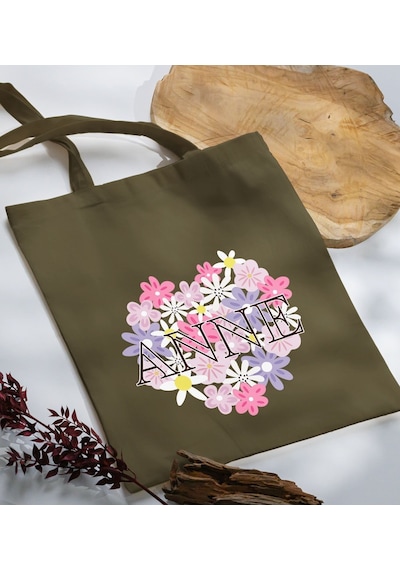 Bk Gift Anneler Günü Tasarımlı Haki Kumaş Bez Çanta, Baskılı Omuz Çantası, Alışveriş Çantası, Anneler Günü Hediyesi, Anneye Hediye-3 Çok Renkli