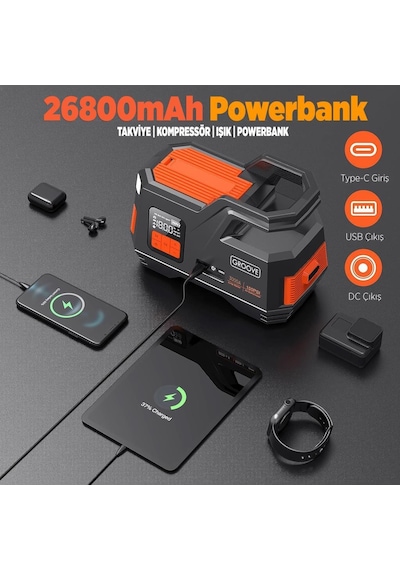 Groove Js006 26800mah 3000a Akü Takviye Cihazı + Lastik Şişirme Kompresörlü Taşınabilir Jump Starter Kompresör+powerbank+led Lamba+lcd Ekran