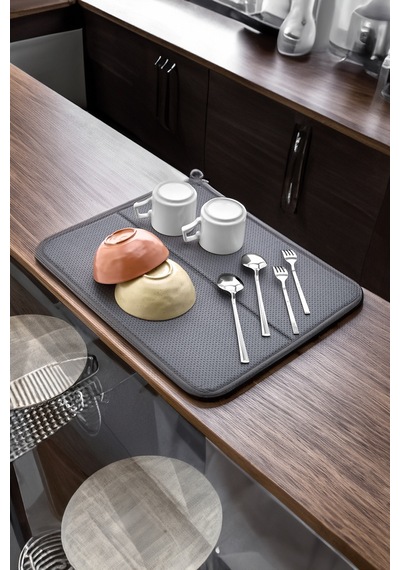 44x36cm Gri Katlanabilir Bulaşık Matı Kurutma Örtüsü Üstü Süper Emici Mikrotex Sünger Kalın Bez Bamb Diğer