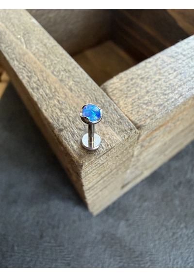 Gerçek G23 Titanium Mavi Opal Taşlı Titanyum Labret Piercincng 7 Mm