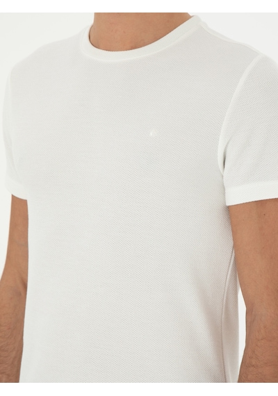 Beyaz Slim Fit Bisiklet Yaka Dokulu T-shirt 15841036