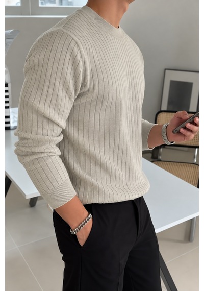 Erkek Bisiklet Yaka Slim Fit Triko Kazak Bej