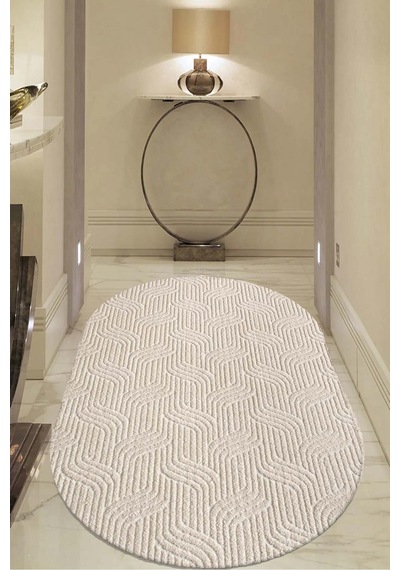 Raschel Carpet Kaymaz Taban Moopy Oval Krem Bukleli Yumuşak Soft Dokuma Yolluk Halı Salon Halısı Lp1003a Krem Krem