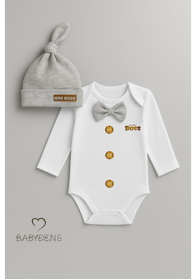 Babyden's Mini Boss Papyonlu Erkek Bebek Body Seti Şapkalı Yenidoğan Bebek Body-zıbın Takım Gri