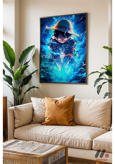 One Piece Mavi Enerji Poster, Siyah Çerçeveli Duvar Tablosu - Anime Severlere Özel Hediye