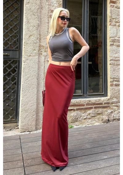 Seeh Bordo Basic Kadın Maxi Etek Sh152