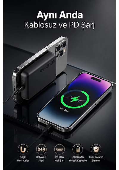 Exenar - Siyah - İphone İle Uyumlu Magsafe Powerbank Kablosuz 15w Hızlı Şarj 20w Usb-c Hızlı Şarj Qi