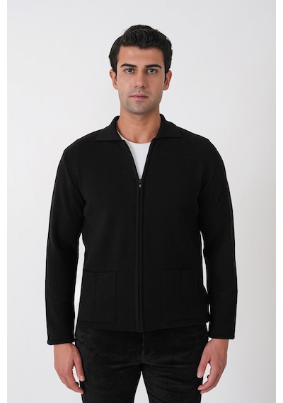 Comfort Fit Fermuarlı Torba Cepli Yünlü Siyah Hırka Tr 896