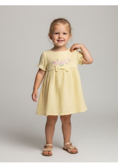 Zekids Kız Bebek Müslin Kumaş Çiçek Nakışlı Elbise-17288 Sarı