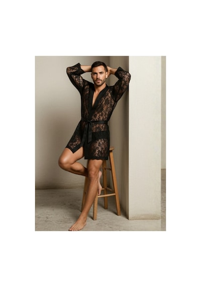 Qmen Style Erkek Dantelli Kimono Ve Sabahlık Siyah