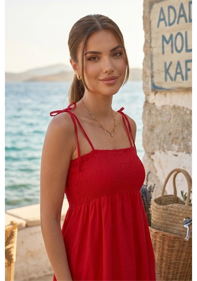 Pastelastore Kırmızı Uzun Pamuklu Astarsız Yaz Elbisesi Askılı