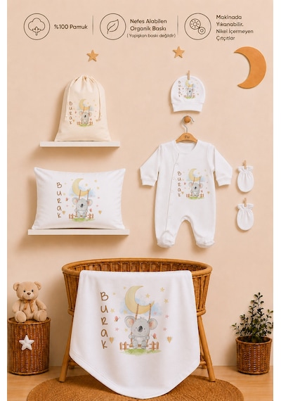 Pia Baby İsme Özel Hastane Çıkışı %100 Pamuk Erkek Bebek Organik Baskılı Tulum Set Keseli Hediyelik 2040tybk0x Krem