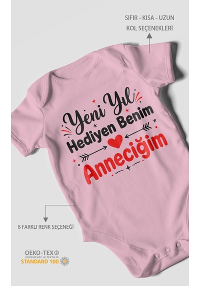 Morivokids Yeni Yıl Hediyen Benim Anneciğim Kısa Kollu Bebek Body %100 Pamuk Koyu Pembe