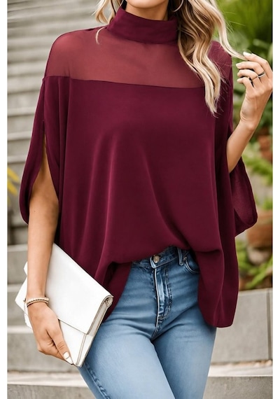 Butik İstanbul Kadın Balıkçı Yaka Tül Detaylı Yanlardan Açık Geniş Kesimli Sandy Bluz Bordo