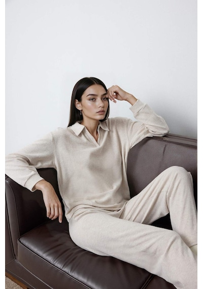 Defacto Pijama Takımı Regular Fit Uzun Kollu Velur Üst Uzun Alt-fall İn Love G1188ax25aubg588 Bej-bg588