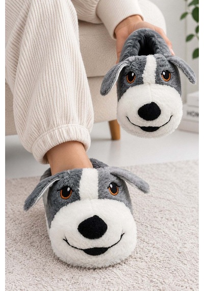 Modafocus Sevimli Köpek Figürlü Peluş Unisex Ev Pandufu - Sevgili Kombin - Gri Gri