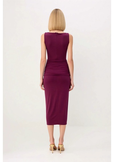 Benerly Kadın Kolsuz Balıkçı Yaka Bodycon Maxi Elbise Astarlı Micro Dokum Mürdüm