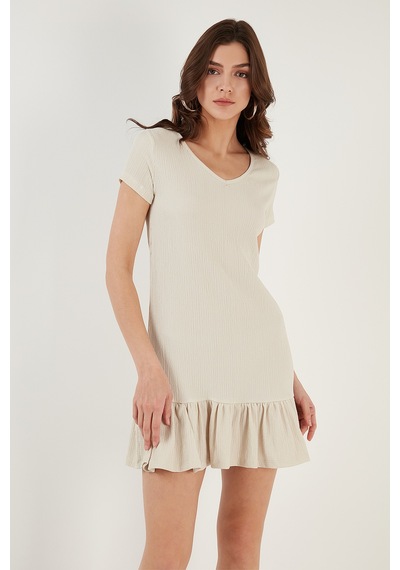 Lela Regular Fit Fırfırlı V Yaka Bürümcük Mini Bayan Elbise 5865071 Taş