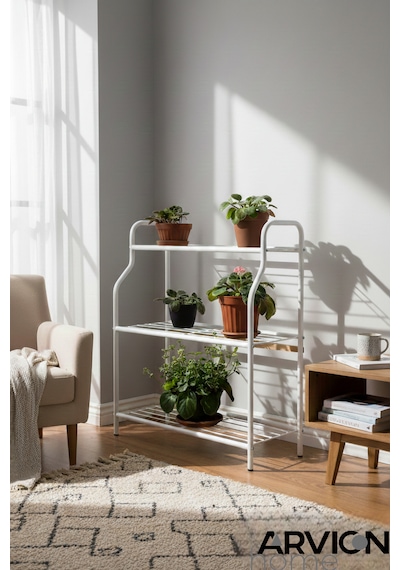 Modern Beyaz 3 Katlı Metal Mutfak Ve Dekoratif Saksılık Çiçeklik Dayanıklı Raflı Stand-organizer Beyaz