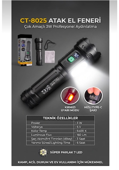 Ct -8025 El Feneri Siyah Kasa Beyaz Işık Kamp Feneri