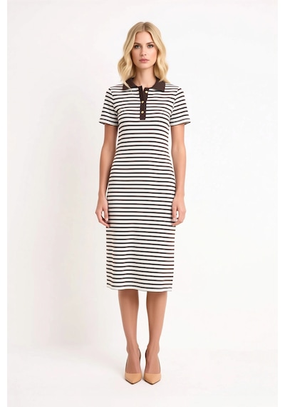 Benerly Kadın Çizgili Polo Yaka Kısa Kollu Midi Esnek Örme Elbise Yarım P Kahverengi