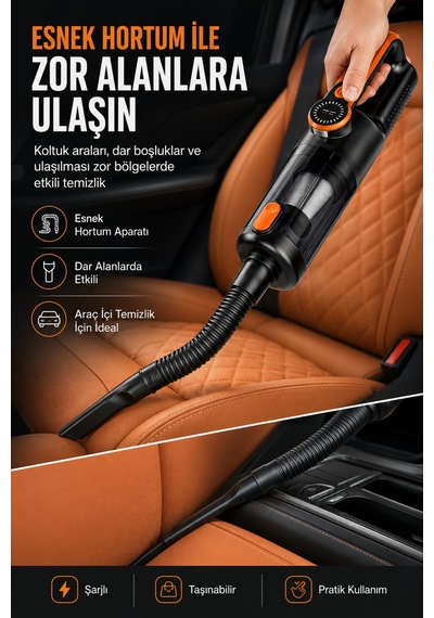 Kablosuz Araç Süpürgesi Vakum Ve Üfleme 2in1 Metal Filtreli 300 Ml Hazneli 5400 Mah Şarjlı Süpürge